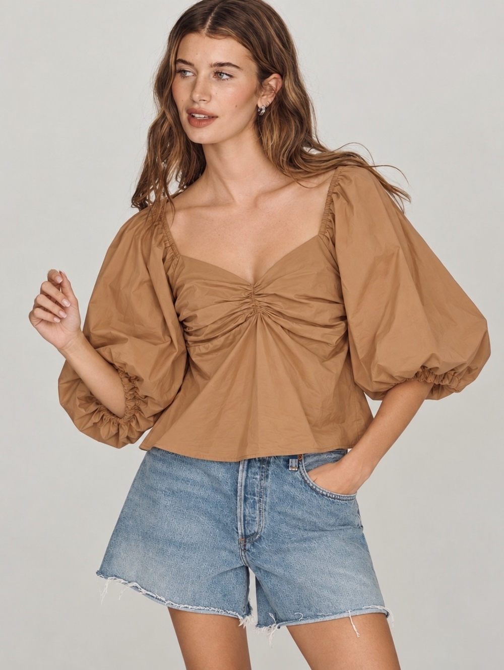 On Twelfth Camel Ruched Sweetheart Puff Sleeve Blouse Size Small